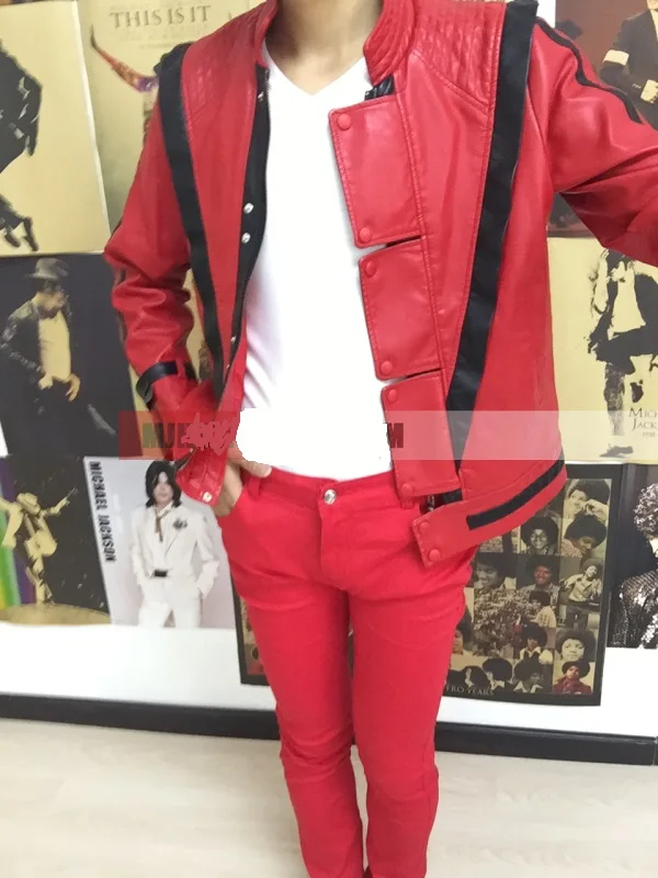 Custom Made MJ Free shipping Michael Jackson Leather Thriller Red Jacket Pants And Free Billie Jean Glove