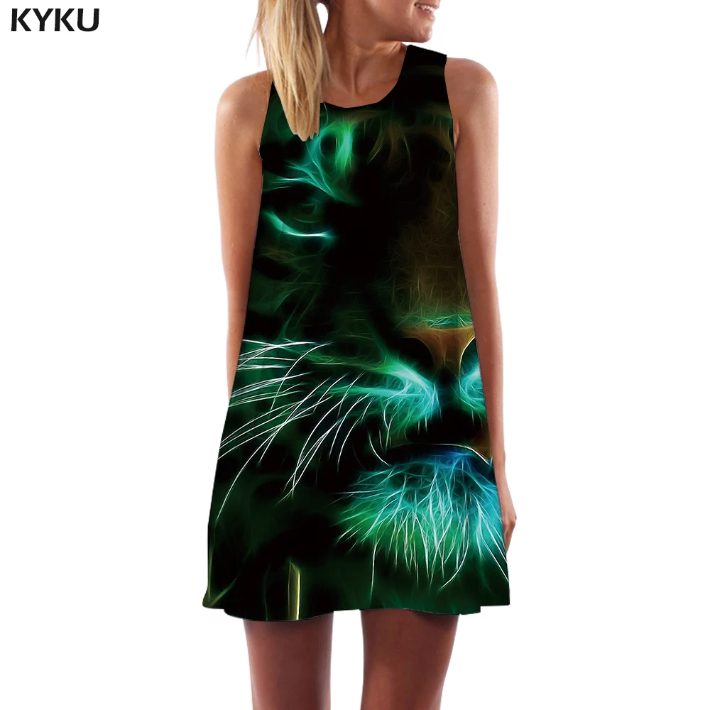 

KYKU Brand Tiger Dress Women Black Mini Animal Short Harajuku Ladies Dresses Gothic Vestido Sexy Womens Clothing Casual