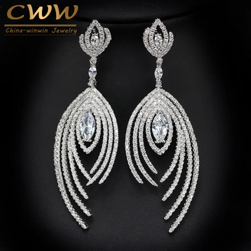 white CWWZircons висячие серьги с микро-проложенным потрясающим кубическим цирконием длинные роскошные женские серьги для свадьбы, вечеринки ювелирные изделия CZ117 - Окраска металла: white