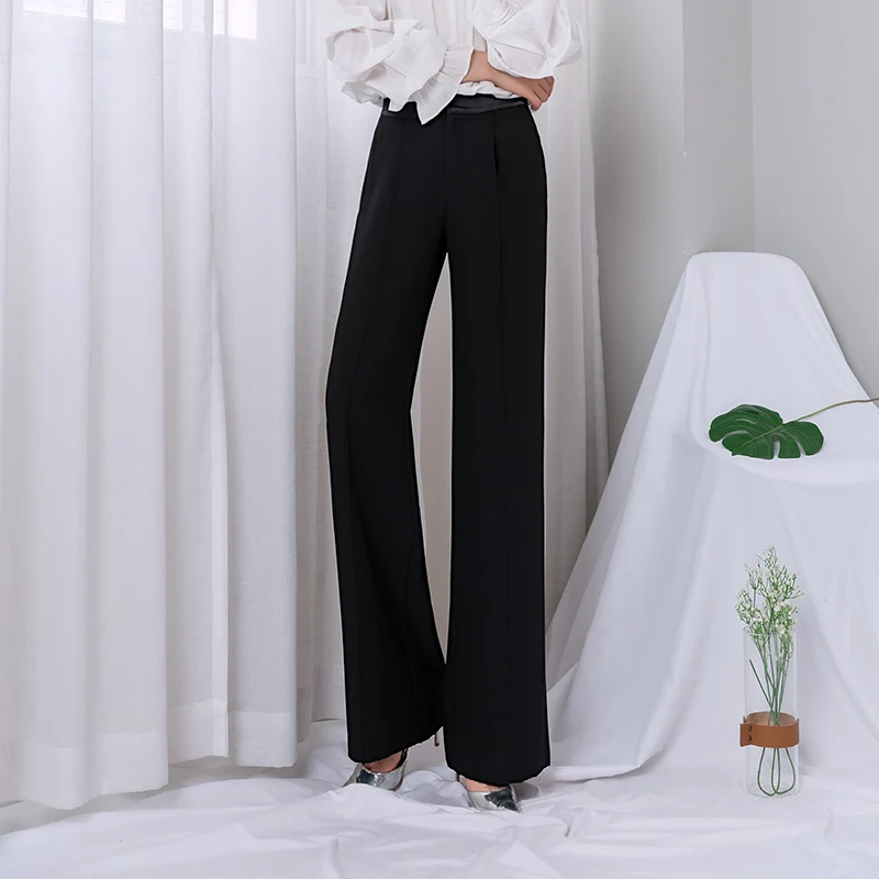 Черные широкие брюки с высокой талией женские повседневные свободные длинные