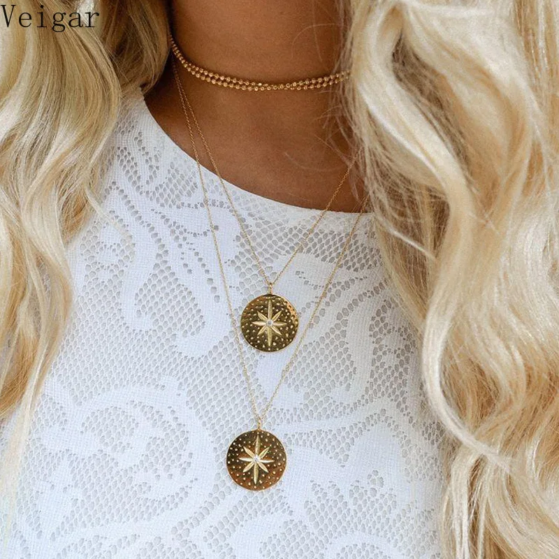 

Round Star Engraving Pendant Necklace Female Multilayer Chains Women Clavicle Chain 2018 Fashion Jewelry Gold Color Bijoux Femme