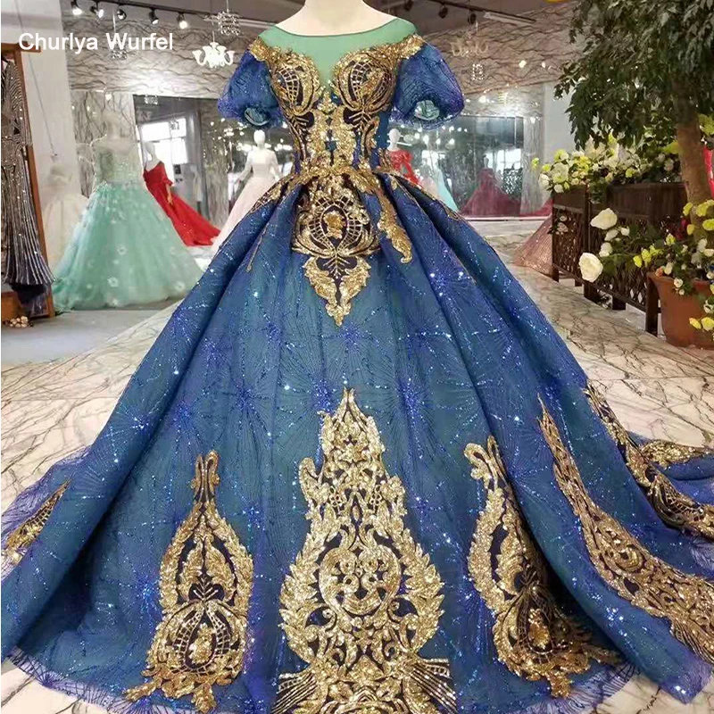 Вечернее платье LSS259 синее с золотыми блестками и о вырезом коротким рукавом