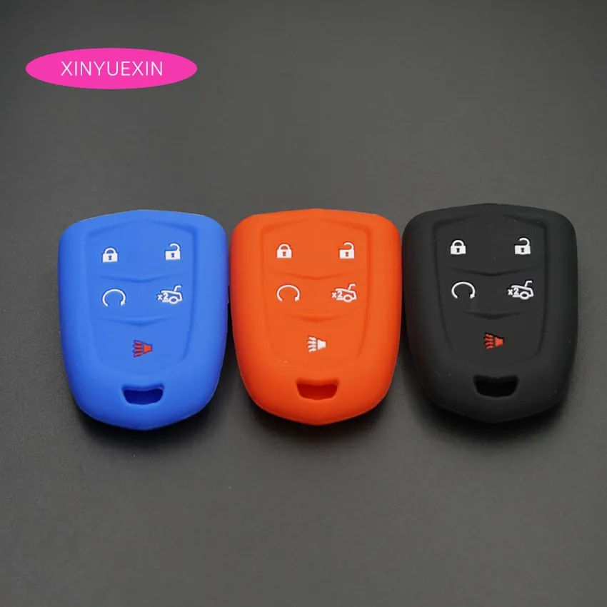 

Xinyuexin Silicone Car Key Cover FOB Case For Cadillac CTS SRX SLS 5 button Smart Remote Key Case Fob Cover Car-styling No Logo