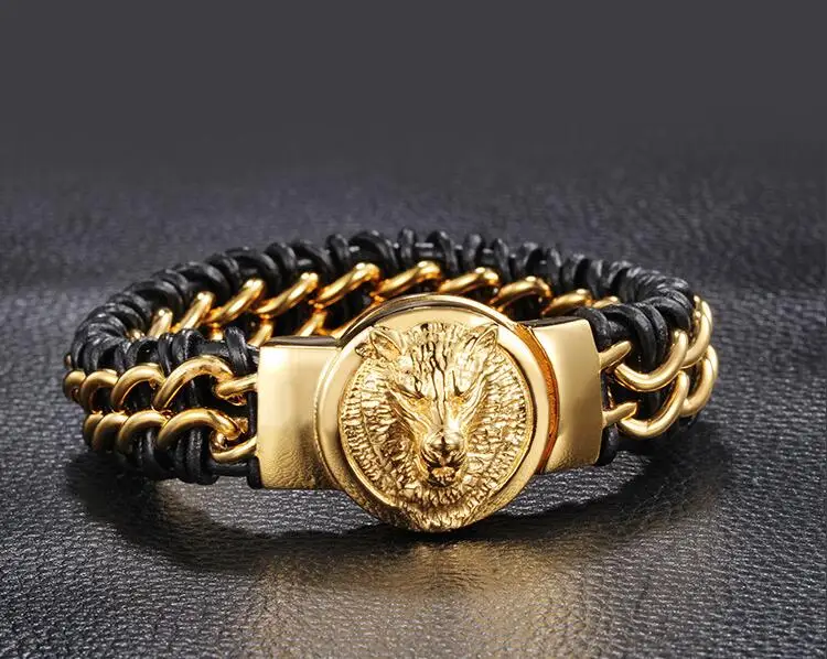 22 см * 18 мм тяжелый лев браслет с волчьей головой крутой мужской подлинный кожаный