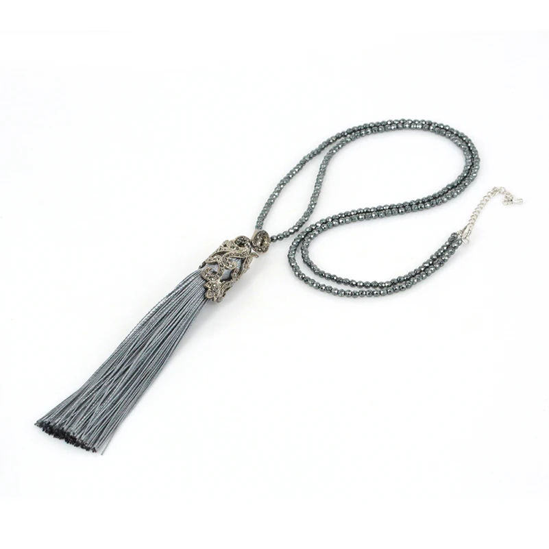 Женская цепочка из гематита серо серая ткань цвет черный|necklaces for women|tassel pendantnecklace