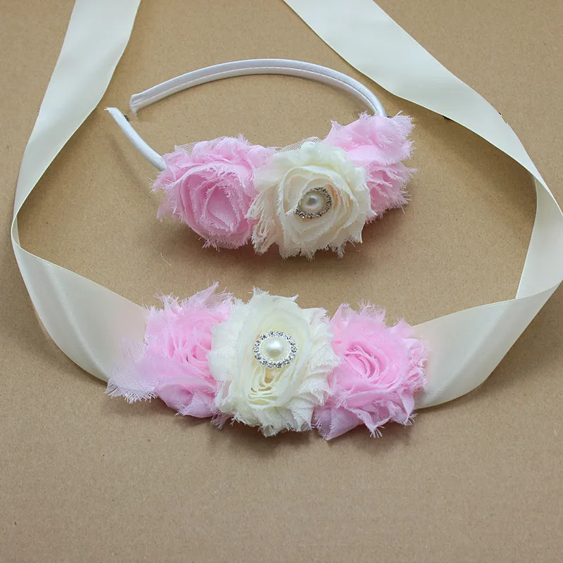 Свадебный пояс с жемчугом розовый и слоновой кости потертый цветок для волос