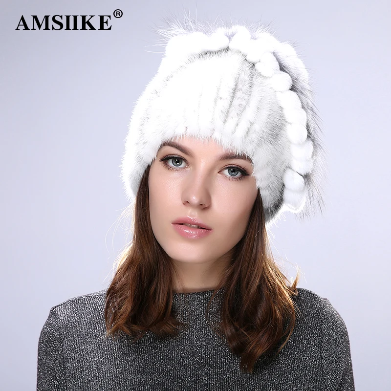 AMSIIKE 2017 Женская Шапка Норковая Бубон из Бобра с Чернобуркой DM702 | Аксессуары для