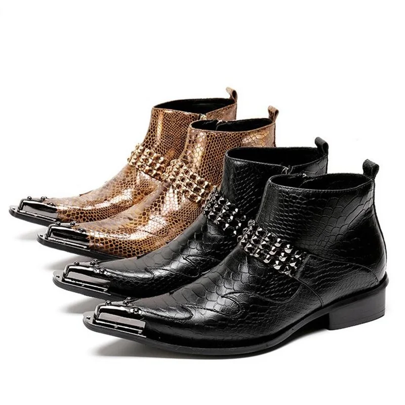 

Fashion Italy Ankle Genuine Leather Black Snake Skin Men Shoes Luxury Cowboy Chelsea Mens Western Motorcycle Boots Dress Shoes