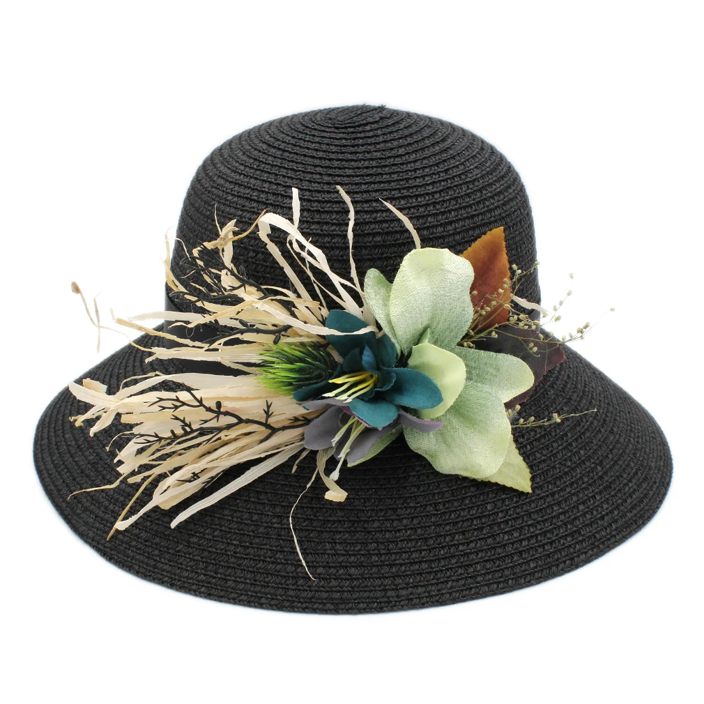

Mistdawn Summer Women Foldable Straw Beach Sun Outdoor Cloche Hat Bowler Cap Flower Ribbon Band 56-58cm