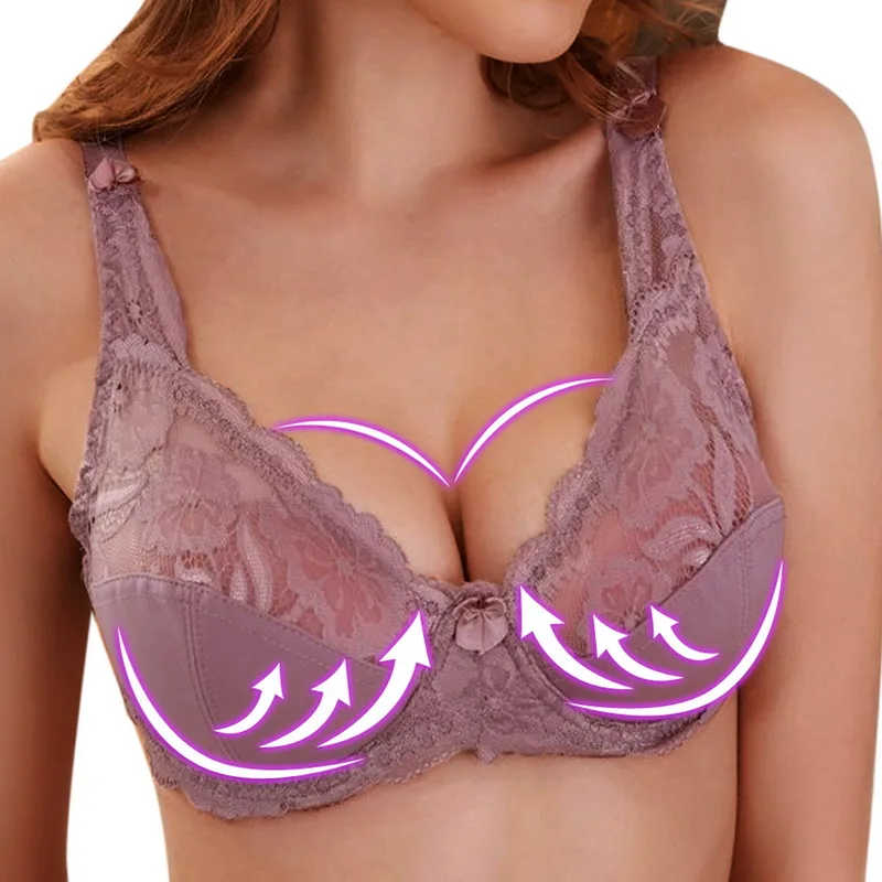 gray purple Laamei, женский ультра тонкий бюстгальтер, полный охват, сексуальный мягкий бюстгальтер на косточках, кружевной Мягкий бюстгальтер, женский бюстгальтер размера плюс C D - Цвет: gray purple