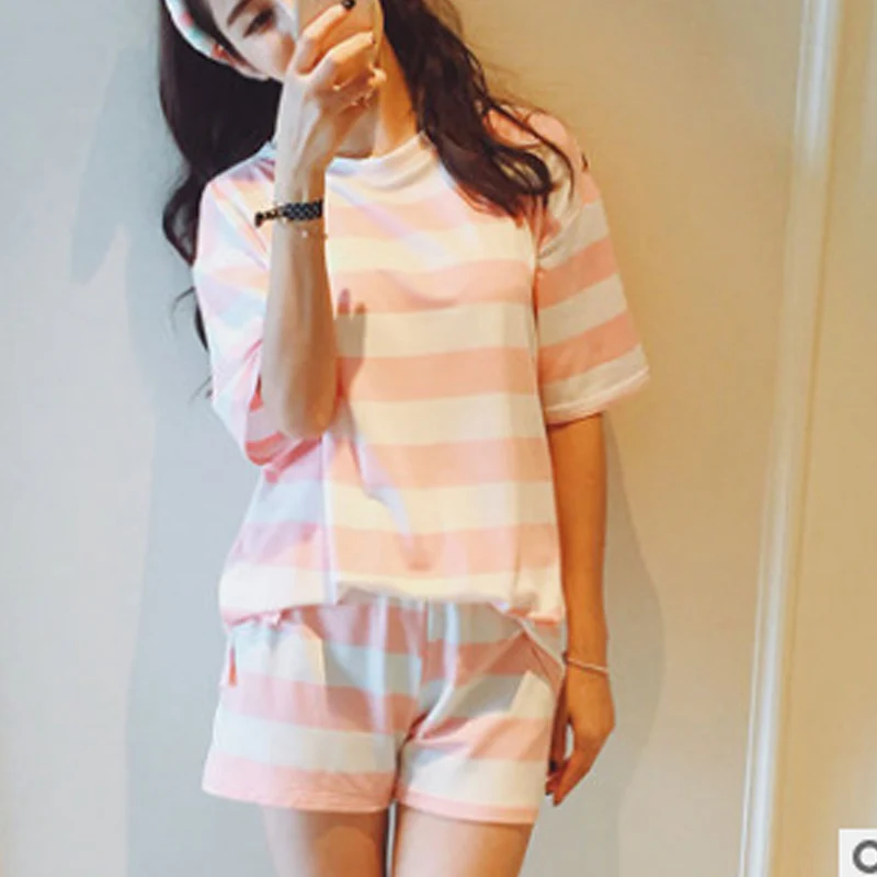 Pink Stripe Одежда для сна, милые домашние костюмы, сексуальная пижама с коротким рукавом, пижамный комплект,, женские пижамы, удобные, для девочек, весна и лето, 2Xl - Цвет: Pink Stripe