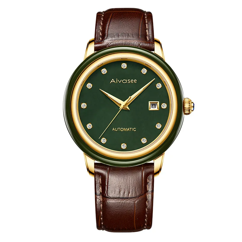 Men Gold Leather Лучшие Роскошные нефритовые мужские часы женские часы с календарем Модные Ретро Парные Нефритовые полностью автоматические механические наручные часы водонепроницаемые - Цвет: Men Gold Leather