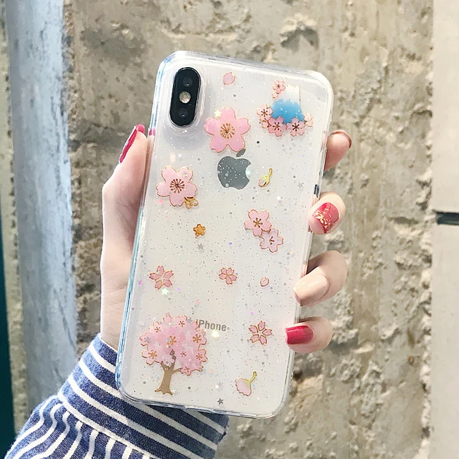Bling Glitter Planet Sakura Transparent Soft Gel Case Cover For Apple iPhone X 6S 7Plus 8Plus |