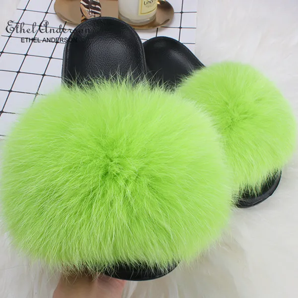 Apple Green Fox Fur Ethel Anderson/; шлепанцы с натуральным лисьим мехом; летние пляжные пушистые шлепанцы; Коллекция года; Вьетнамки с натуральным мехом енота; сандалии; обувь; - Цвет: Apple Green Fox Fur