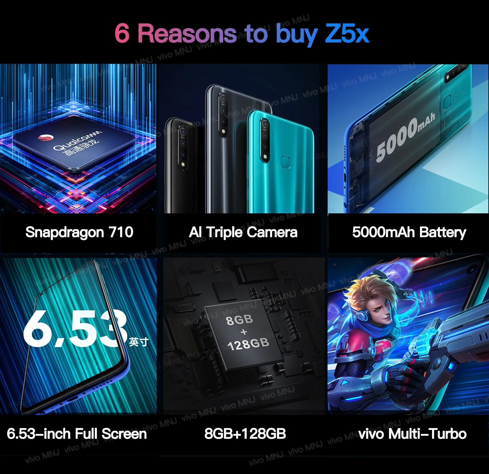 vivo Z5x мобильный телефон 6,5" экран 8G 128G Snapdragon710 16MP камера 5000 мАч батарея 18 Вт зарядка сотовый смартфон
