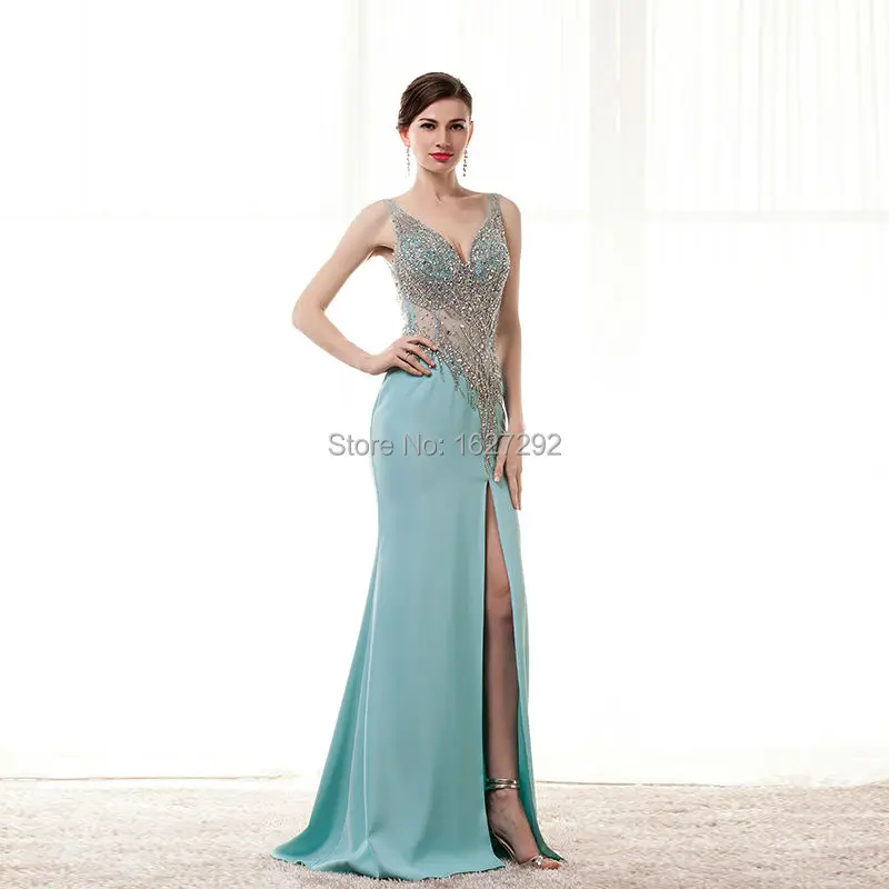 2015 Custom Made Sexy Backless V-Neck Long Formal Gowns Beading Crystal Evening Dress Gown Abendkleider | Свадьбы и торжества
