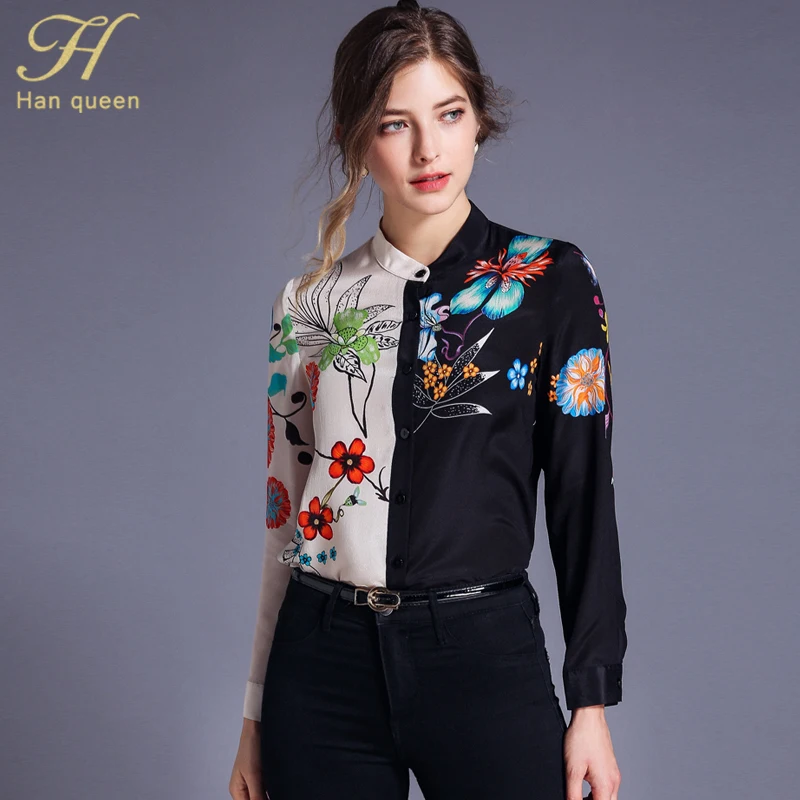 H Han Queen Patchwork Printed Contrast Color Shirts Women Summer Full Sleeve Blouses Vintage Stand Collar Work Wear Vestido