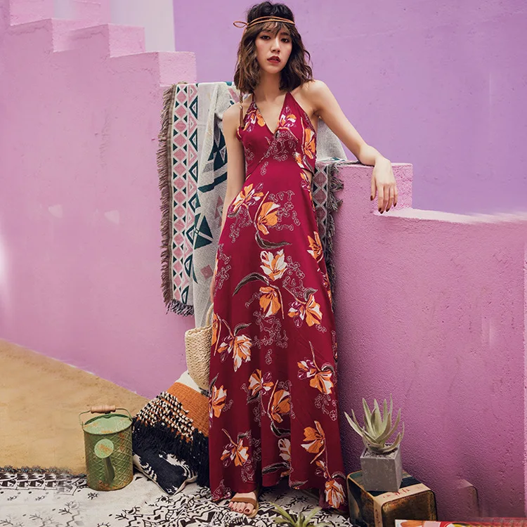 V Neck Long Boho Maxi Woman Dress Beach Summer Vintage Dresses Spaghetti Strap Sleeveless Party Vestido | Женская одежда