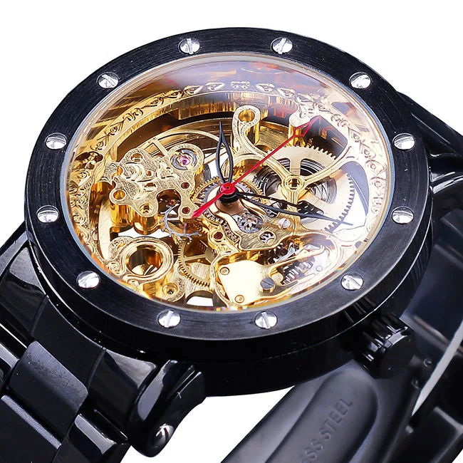 Black Golden Forsining Серебряный Скелет наручные часы черный красный указатель серебро Нержавеющая сталь ремень автоматические часы для мужчин прозрачные часы - Цвет: Black Golden