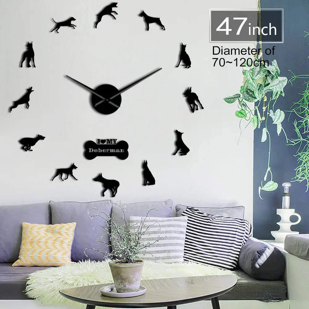 Doberman Pinscher 3D DIY бесшумные настенные часы кварцевые часы с батарейным питомец магазин Бескаркасный Настенный декор подарок для любителя собак