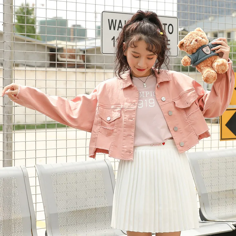 2019 женская розовая джинсовая куртка с асимметричным подолом Весенняя для женщин