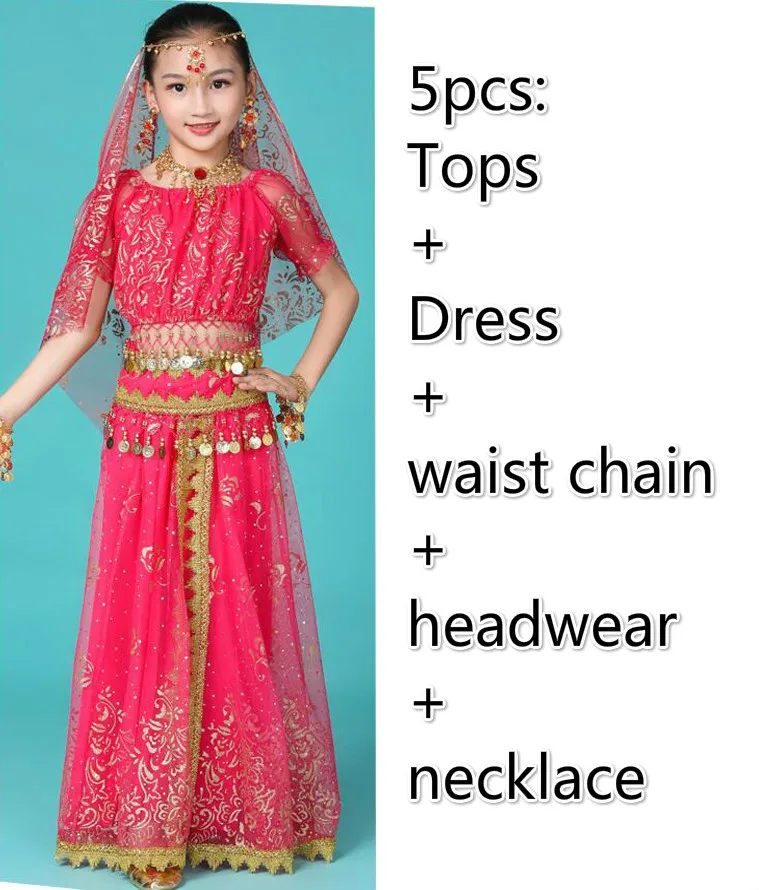 5pcs rose red Детские индийские костюмы для танца живота, египетские вечерние костюмы для выступлений, танцевальная одежда Для Болливуда, Восточный Костюм для Хеллоуина - Цвет: 5pcs rose red