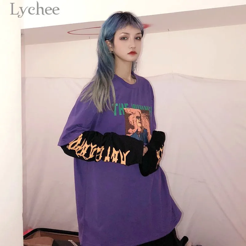 Lychee винтажный женский свитер с буквенным принтом, 2 штуки, хит цвета, круглый вырез, длинный рукав, Осенний Повседневный свободный Женский пуловер