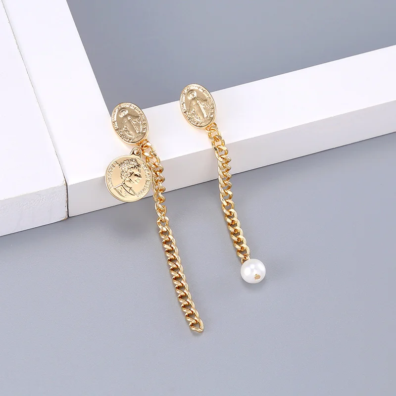 LILIE&ampWHITE Fashion Coins Long Drop Asymmetrical Earrings 2018 Gold Color Chain Imitation Pearls Women Jewelry HC | Украшения и
