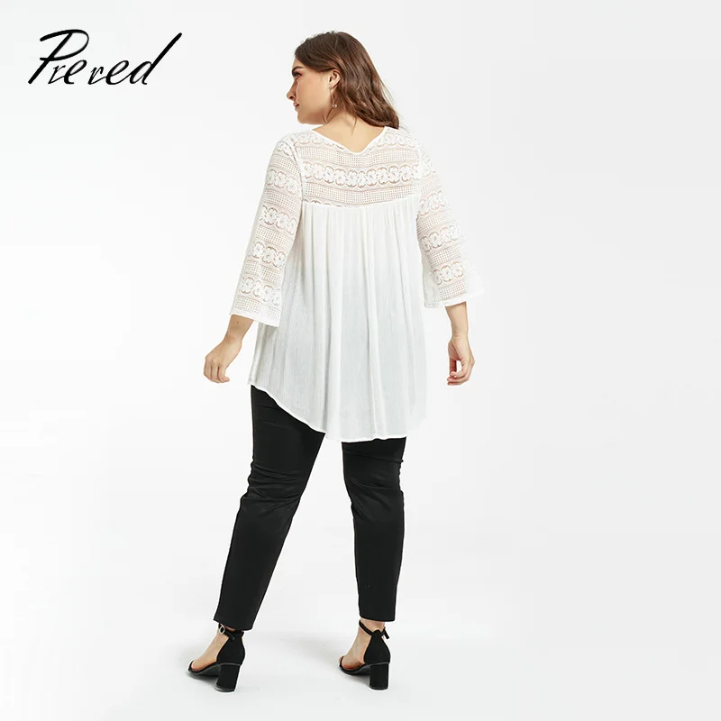 Women's T-shirt Lace Long Sleeve Large Size Solid Color splice perspective V-Neck Spring and Summer Loose casual High Street Top | Женская