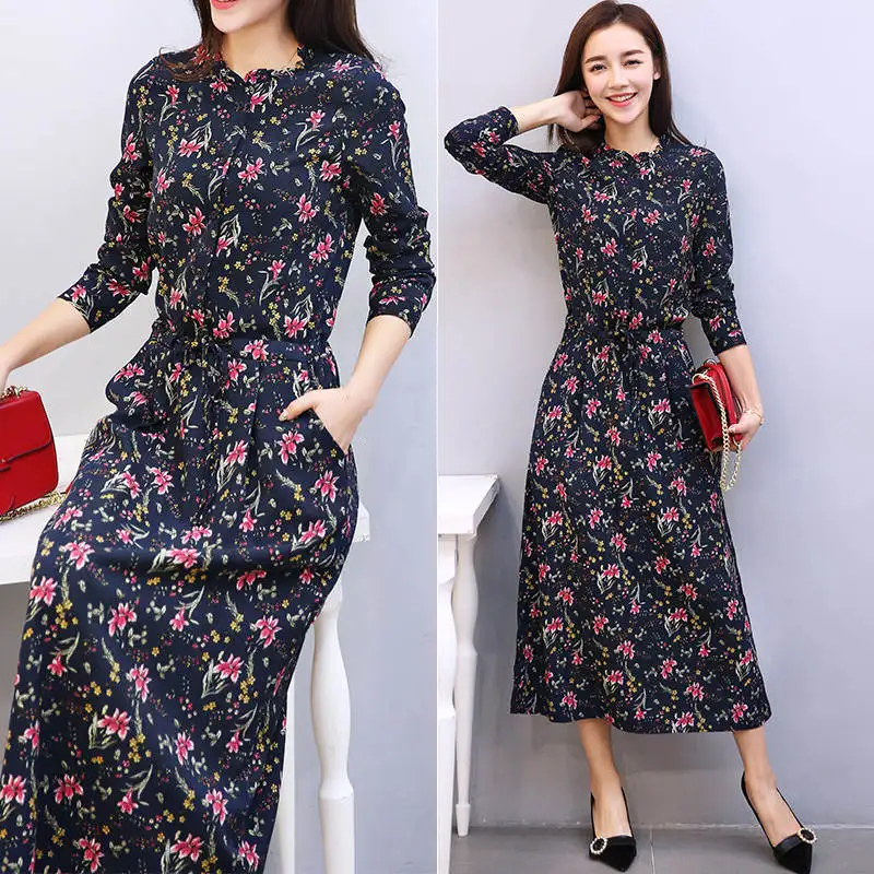 Женское шифоновое платье Vestidos осенне-зимнее с длинным рукавом и цветочным