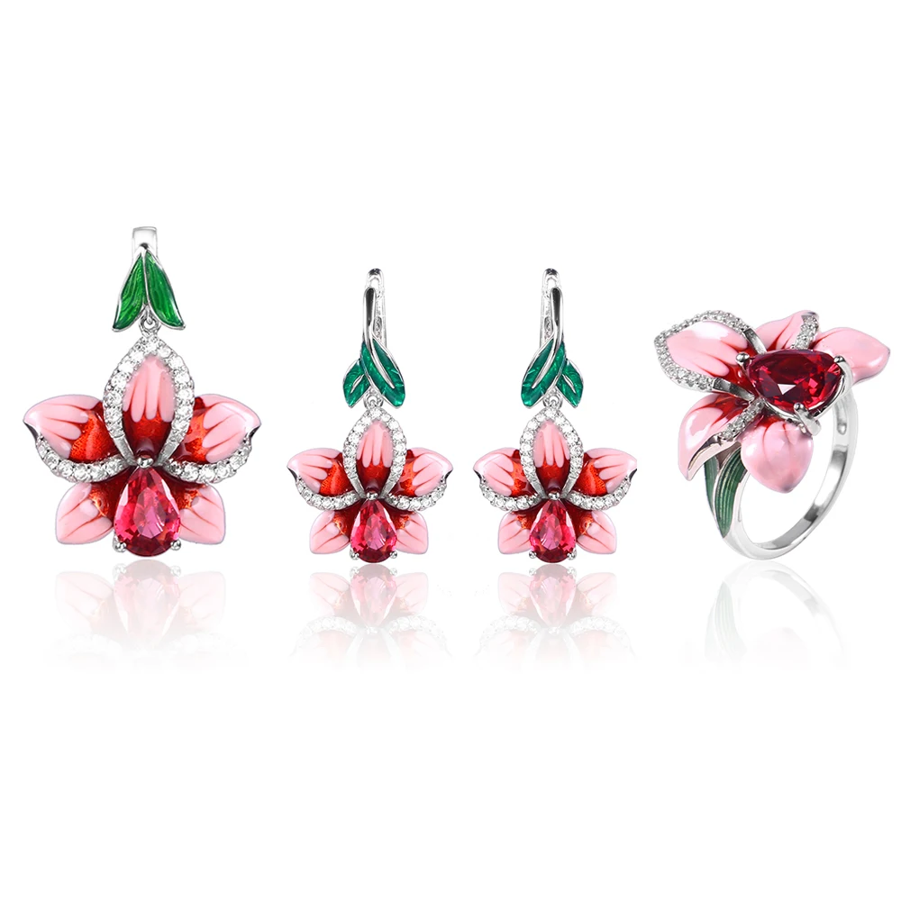 Розовый эмалированный цветок ювелирный набор женские серьги заглушки колец