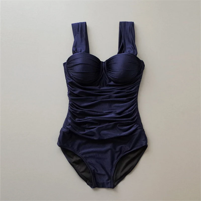 navy blue Однотонный цельный купальник в стиле ретро темно-синего цвета с рюшами и пуш-ап для девочек, сексуальный женский купальник-монокини, купальный костюм - Цвет: navy blue