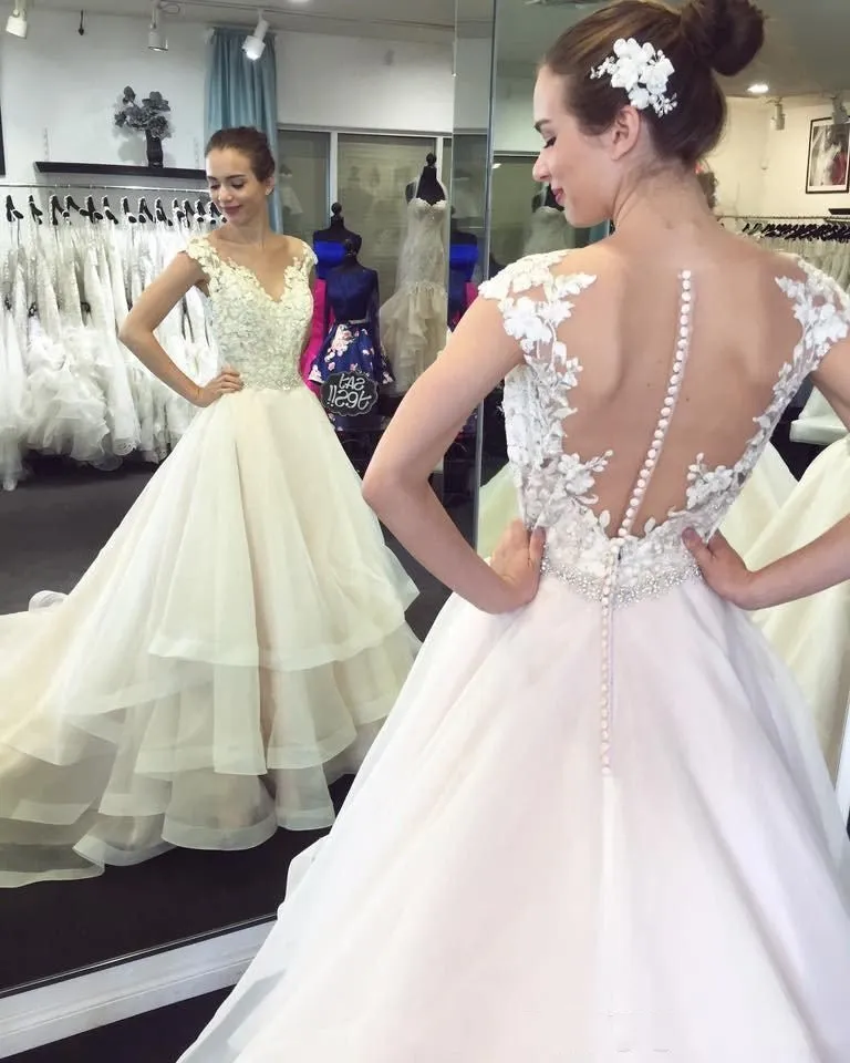 

Sexy Ball Gown Wedding Dresses 2021 New Sleeveless Applique Tiered Illusion Sweep train Bridal Dress Wedding Gown Plus Size