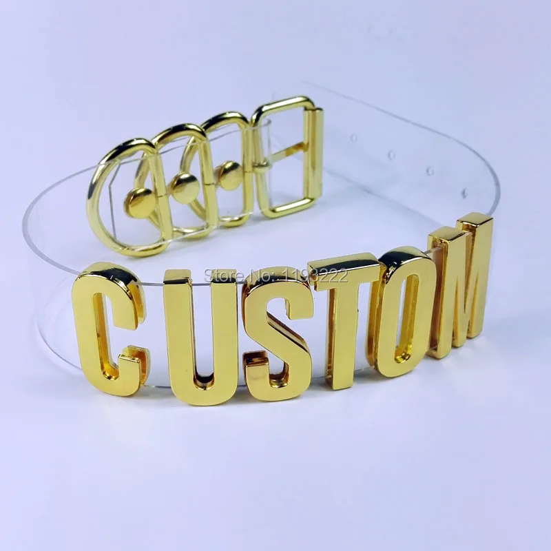 Ошейник для косплея ручной работы из чистого ПВХ золотистый чокер с надписью и