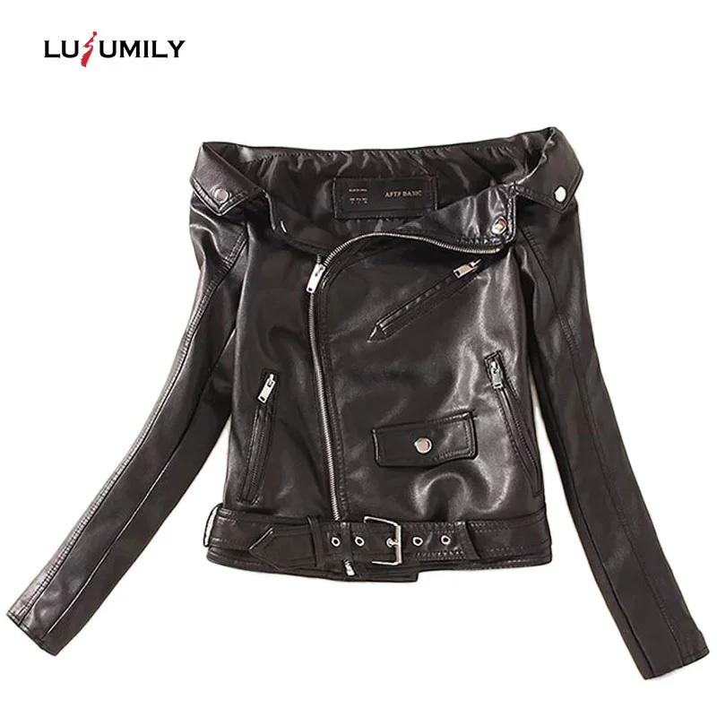 Женская байкерская куртка с открытыми плечами Lusumily облегающая Сексуальная из