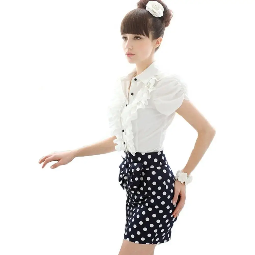 

Women's Bowknot Polka Dot High Waist Black with White dots Mini Skirt