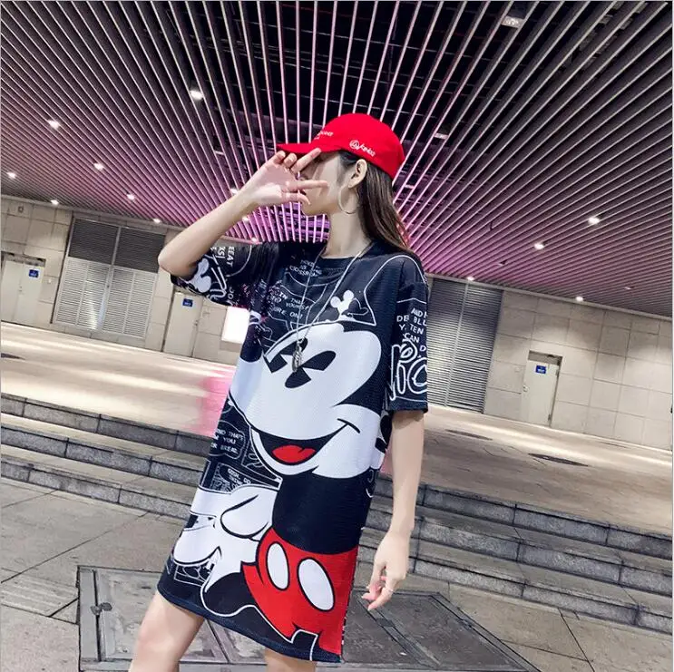 Летнее платье с принтом из мультфильмов женское 2019 коротким рукавом Микки