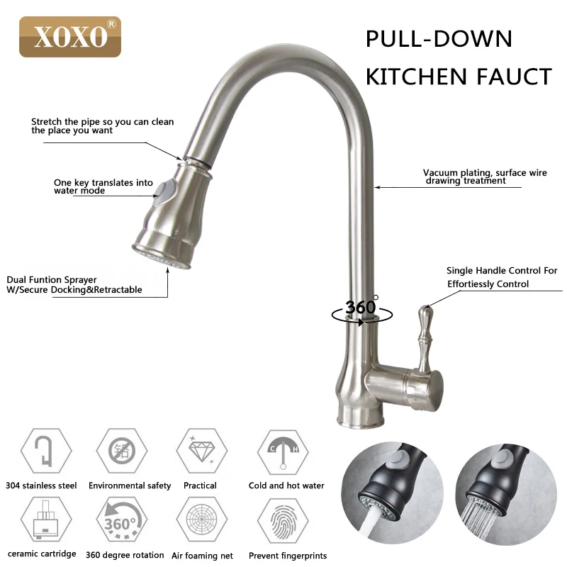 Смеситель для кухни XOXO латунный матовый никель Высокая АРКА кухонный смеситель