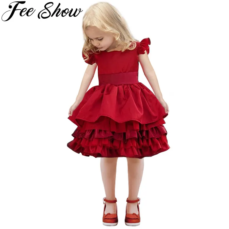2-8Y Red Flower Girl Princess Dress Ruffled Petal Sleeves Tiered Kid Dresses for Pageant Wedding Birthday Party Clothes | Детская одежда