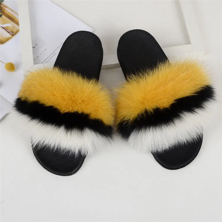 as pic shows 23 Women Fox Fur Slippers Real Fox Fur Slides Lovely Plush Slippers Woman Summer Home Sandals Women Fur Slides Furry Flip Flops Hot - Цвет: as pic shows 23