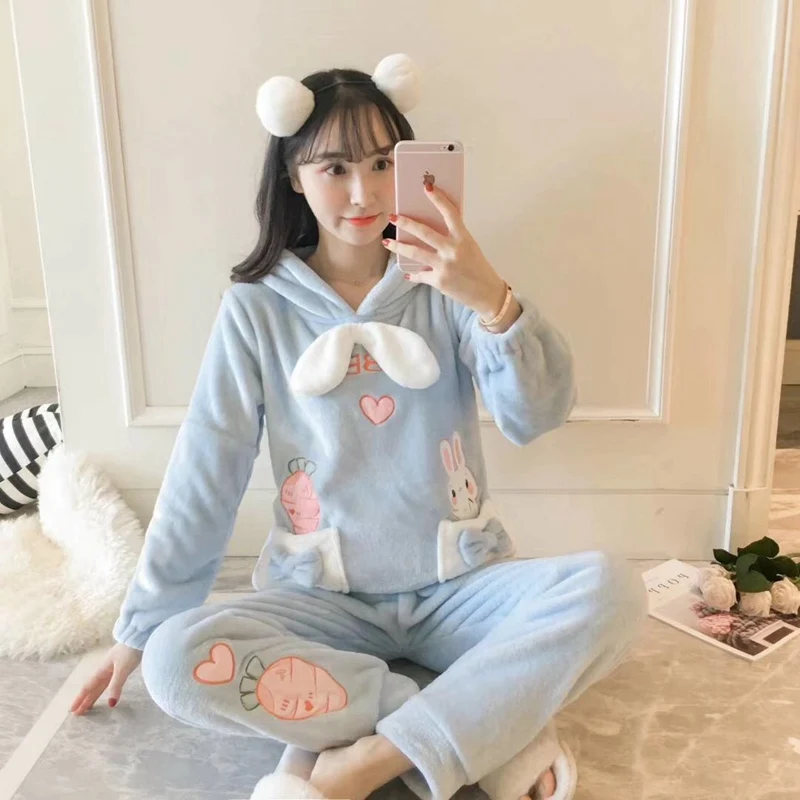 JINUO Women's Winter Flannel Long-Sleeved Home Service Cartoon Lovely Rabbit Flamingo Warm Pajama Set | Женская одежда