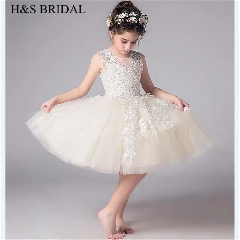 

H&S BRIDAL Champagne flower girl dress short first communion dresses 2-12 Years girls dress for wedding vestido de daminha