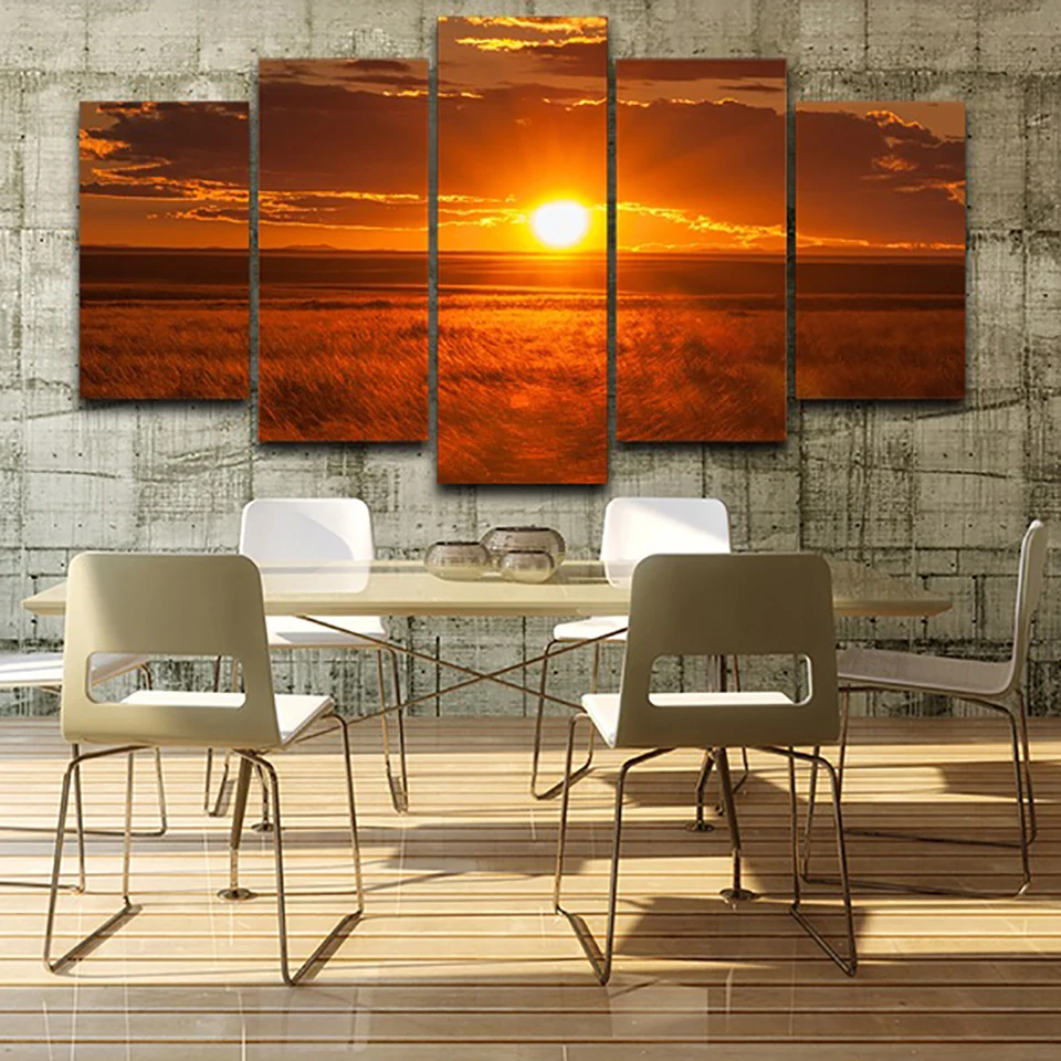 

HD Printed Painting Modern Wall Art Pictures Frame 5 Panel Sunset Red Sun Grassland Scenery Home Decoration Poster Living Room