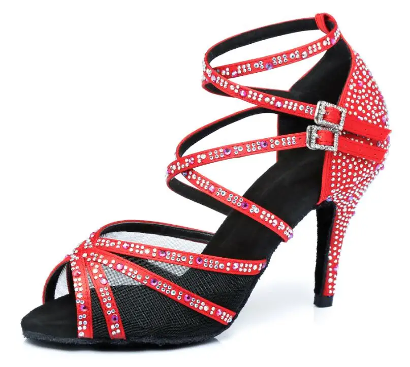 red heel 8.5cm Бальные туфли для латинских танцев, сальса, танцевальные туфли для латиноамериканских танцев, женские черные туфли на каблуках, стразы, двойная Пряжка, удобные - Цвет: red heel 8.5cm