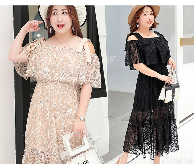 Корейский стиль, XL-4XL, свободное кружевное платье большого размера, женское летнее платье больших размеров, сексуальное длинное макси платье, Пляжное, с вырезом лодочкой, Платья для вечеринок