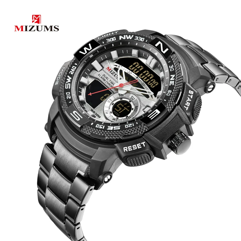 

MIZUMS Wrist Watches Man LED Digital Watch Men Black Stainless Steel Band Quartz Clock Male Waterproof Sport Relogio Masculino