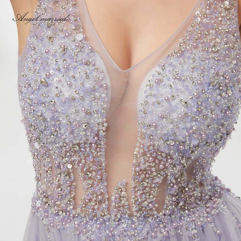 Angel married fashion Evening Dresses with slit low v neck crystal prom gowns women pageant dress formal party vestidos | Свадьбы и