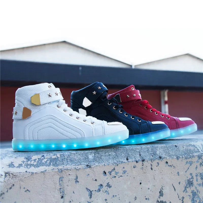 Высокие LED Обувь Мужчин Светящиеся неоновой USB зарядка пара flash Для мужчин обувь