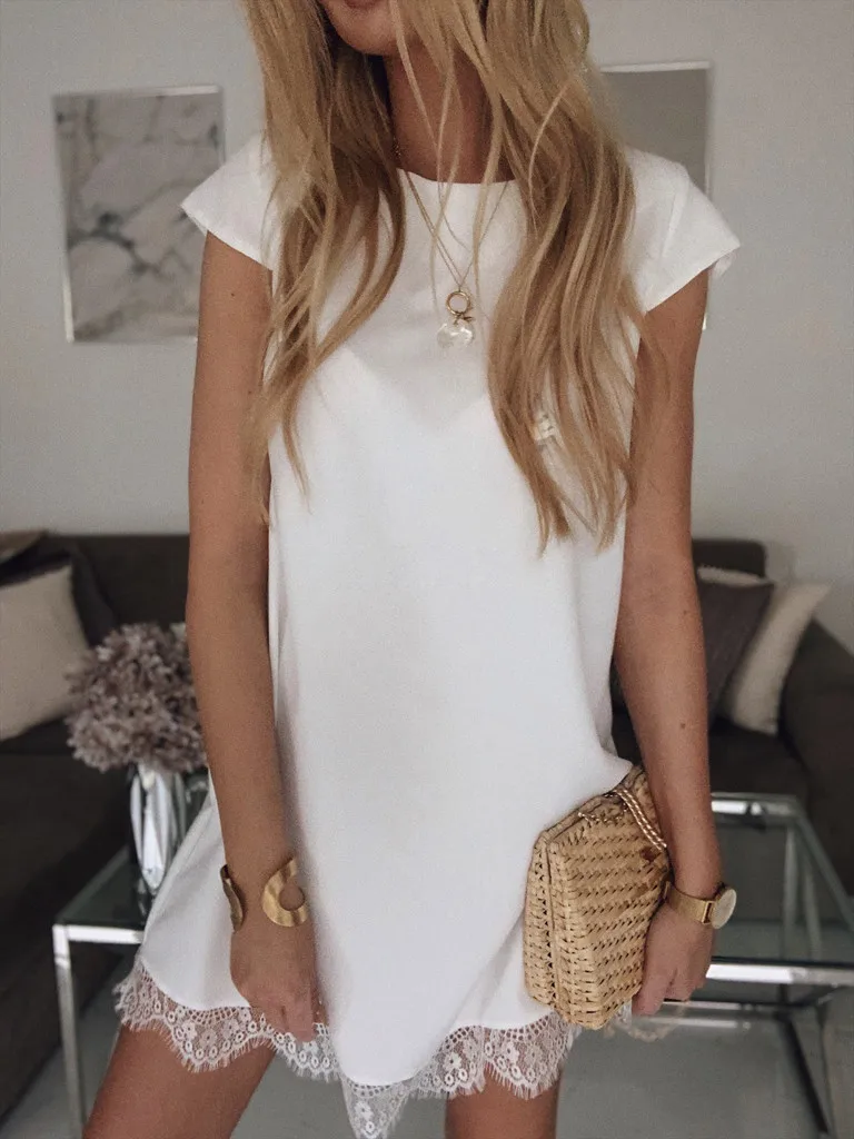 Платье женское кружевное мини платье с о вырезом и коротким рукавом лето
