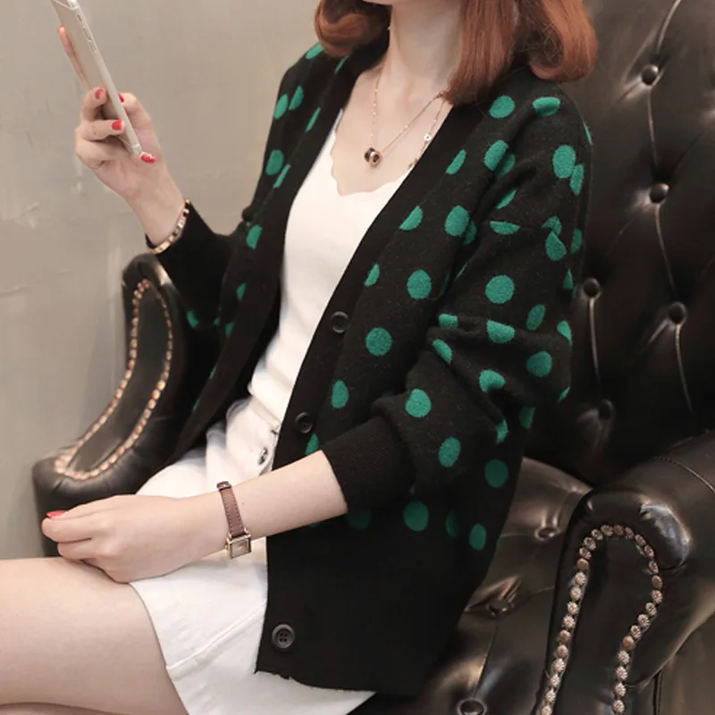 Korean Autumn 2018 Preppy Button Cardigan Women Polka Dot V-neck Sweet Girl Lady Knitted Mujer Clothes Sweater |